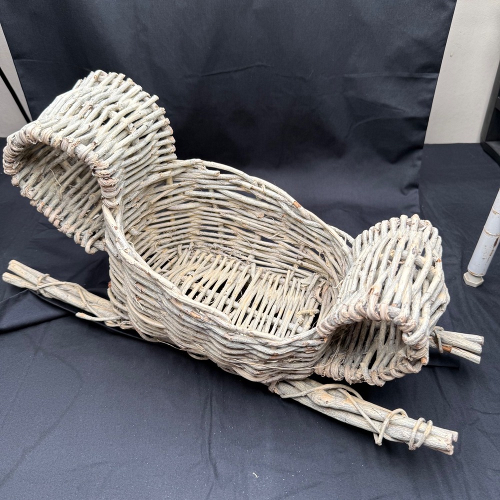 Rustic Wicker Sleigh Basket Christmas Decor Weathered Gray Twig Centerpiece 17in
